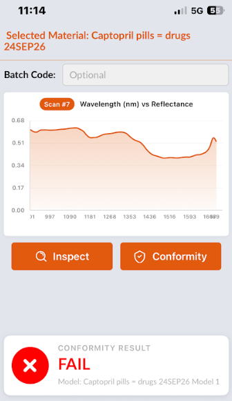 NIR Watchdog app showing a FAIL conformity result for captopril pills