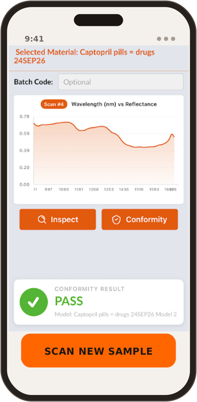 NIR Watchdog app returning a PASS verdict on a scanned sample
